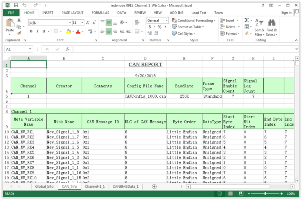 CAN数据导出--软件屏幕截图显示CAN总线数据的Excel文件
