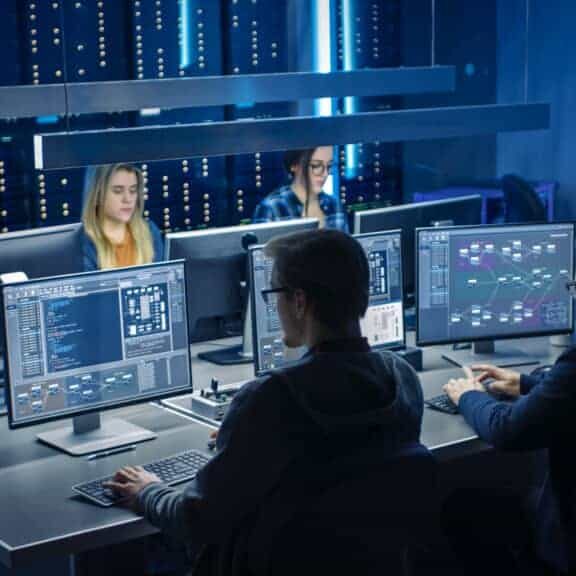 在数据中心系统控制室的台式电脑上工作的IT程序员团队。从事软件和硬件开发的年轻专业人员团队，从事编码工作。